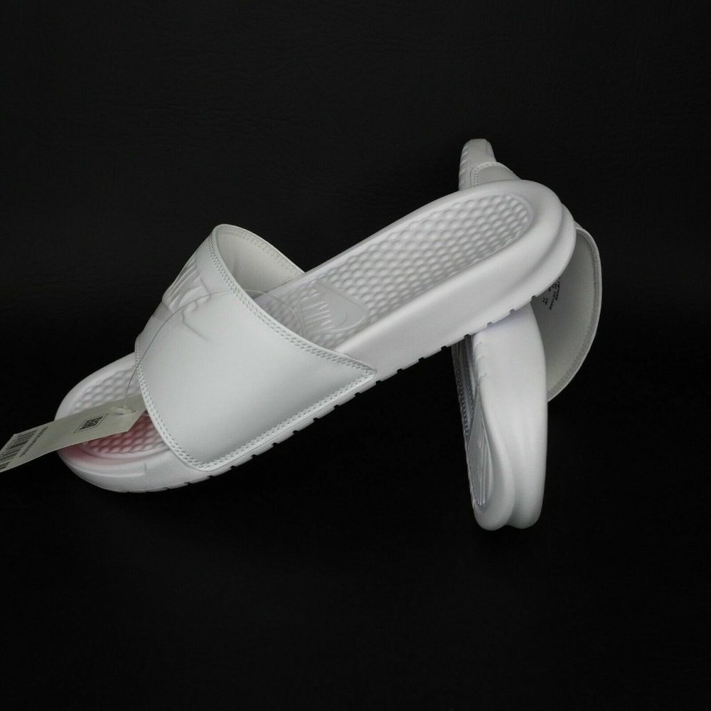 Nike Benassi JDI Women Sandals Slide All White Leather Outdoors - Picture 10 of 12